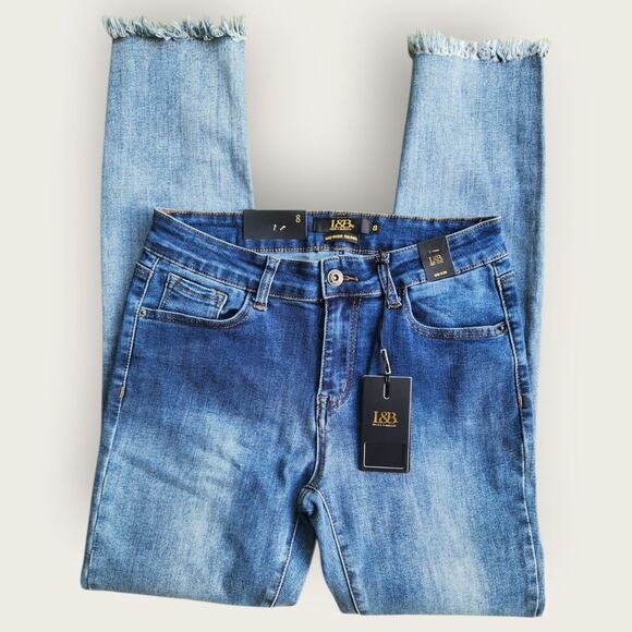 Lucky & Blessed Jeans Women's Sz 8 Blue Denim Mid-Rise Skinny Frayed Hems NWT - Picture 3 of 7